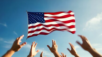 American Flag Waving High: Patriotic Hands Reaching for Freedom
