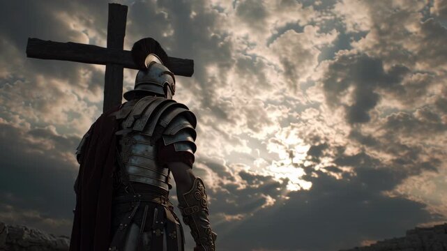 Roman soldier in detailed armor standing before a cross during sunset, symbolizing the scene with dramatic lighting and historical costume