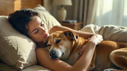 Sunlit Serenity: Woman and Dog Cuddling in Cozy Bedroom