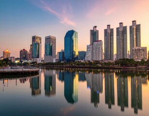Fototapeta premium Stunning Cityscape Reflection at Sunset in Modern Urban Skyline