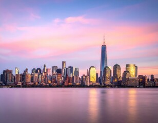 Obraz premium Serene City Skyline at Dusk with Vibrant Sky and Reflections