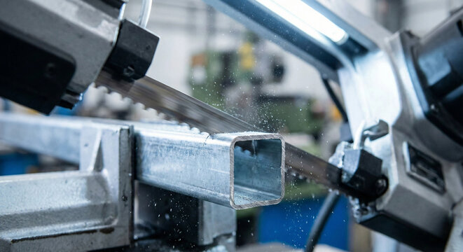 Horizontal bandsaw cutting through square steel metal tubing