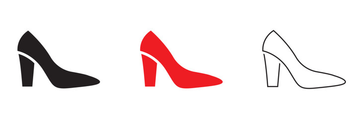 Obraz premium High Heel Shoe Icons Collection. Minimal vector illustration showing black, red, and outlined high heel shoes, representing fashion, elegance, and feminine style concepts.