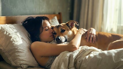 Sunlit Slumber: Woman and Dog Cuddling in Morning Bed