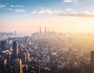 Obraz premium Sunrise Over New York City Skyline with Soft Morning Light