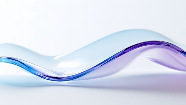 Pristine glass wave with purple and blue tints reflecting soft light on clean white background representing purity transparency and premium product design for medical or cosmetics marketing uses