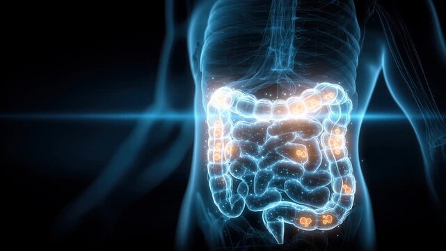 Beneficial Bacteria Growth in Translucent Intestinal Tract with Flowing Prebiotics, Blue Gradient Digestive Health