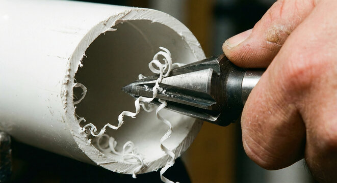 Hand using reamer tool to deburr inside of white PVC pipe