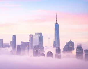 Obraz premium Majestic Cityscape During Sunrise over Foggy Urban Skyline