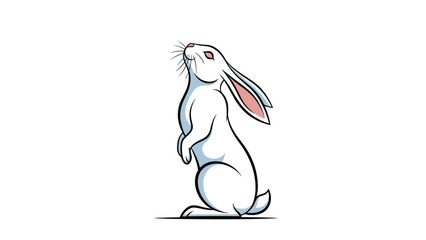 Obraz premium Dynamic illustration of a white rabbit standing on its hind legs, looking skyward with distinctive pink ears and red eyes, isolated on a clean white background.