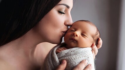 Sacred Bond: Mother's Gentle Kiss on Sleeping Newborn
