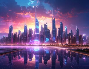 Obraz premium Futuristic City Skyline at Sunset with Reflective Water Surface