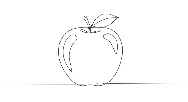 Continuous line art drawing of a fresh apple with a leaf, minimalist fruit illustration
