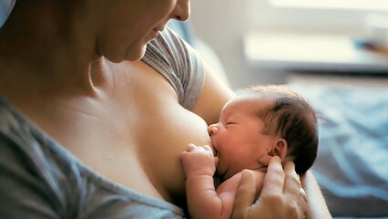 Nurturing Bond: Mother Breastfeeding Newborn Baby in Sunlit Home