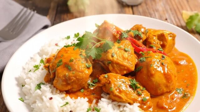 Delicious chicken curry served over f white rice, garnished with fresh herbs.