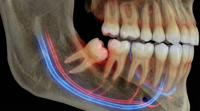 Radiographic view illustrates impacted wisdom teeth impinging upon mandibular nerve pathways within the human jaw structure.