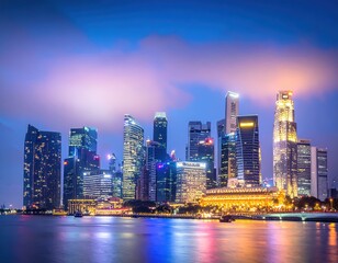 Naklejka premium Stunning City Skyline at Night with Colorful Lights and Reflections