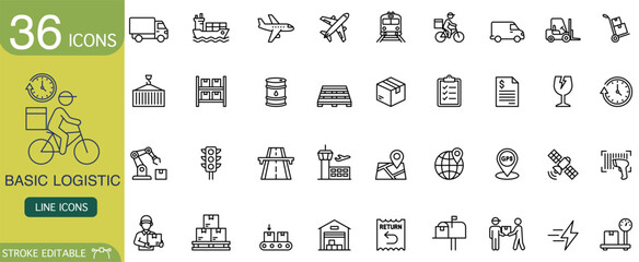 Set of basic logistic line icons showing delivery and transportation symbols. Collection features truck plane ship and warehouse outline vector graphic elements for business shipping concept