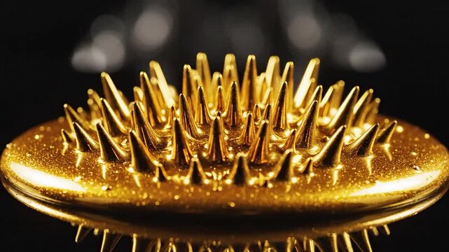 Golden, spiked structure, possibly ferrofluid, with a reflective surface against a dark backdrop