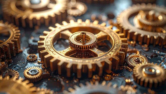 Detailed Macro Shot of Golden Brass Gears and Cogs. Intricate Mechanical Clockwork Components Background, Symbolizing Precision Engineering and Industrial Technology.