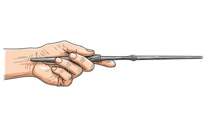 Obraz premium Detailed illustration of a human hand firmly grasping a slender magic wand, rendered in a classic vintage etching or traditional woodcut style.