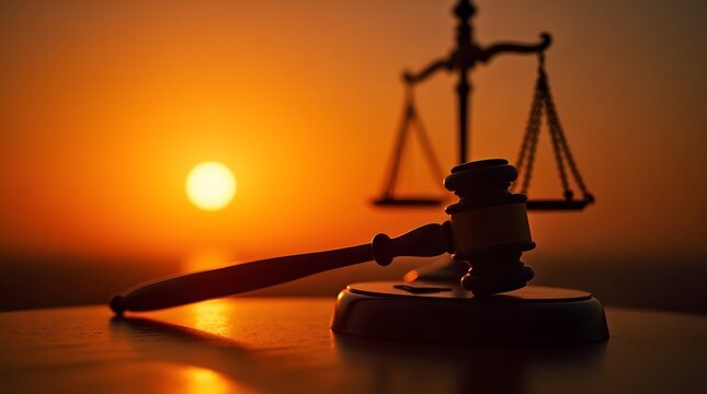 Powerful silhouette of justice scales and gavel against vibrant sunset symbolizes fairness and legal authority, ideal for legal professionals and law firms