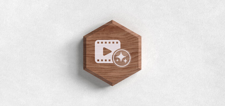 KI Video und Film Header mit Sparkles K&uuml;nstliche Intelligenz f&uuml;r Streaming und Videoproduktion Play Button Icon auf Holz Symbol f&uuml;r digitale Medien