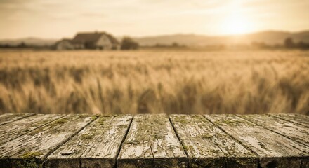 Obraz premium Rustic Wooden Table with Golden Wheat Field and Sunset Background.
