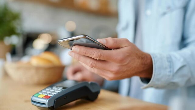 A man is using a cell phone to pay for something at a store. Concept of convenience and modernity, as the man is able to make a payment using his phone instead of carrying cash or a physical card