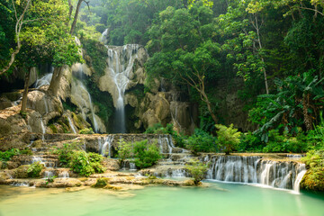 Soft sunlight illuminates tiered limestone cascades and turquoise pools surrounded by dense tropical forest at Kuang Si Waterfalls in northern Laos. Lush greenery and flowing water create a tranquil © Florent