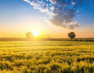 Obraz premium Golden Wheat Field at Sunrise with Dramatic Clouds and Blue Sky