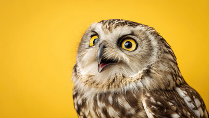 Fototapeta premium Studio portrait of surprised owl on yellow background concept. A surprised owl with bright yellow eyes on a vibrant background.