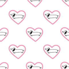 Dachshund Inside Heart Outline Seamless Pattern. Vector Illustration for Fabric, Gift Wrap and Pet Lover Merch