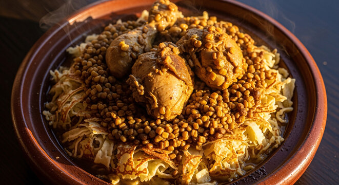 Traditional Moroccan rfissa with chicken, lentils, and shredded msemen
