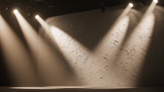 Seamless loop of brilliant, soft cinematic spotlights slowly moving and panning across a textured, minimalist gray wall in a dark stage setting moody, commercial, soft glow