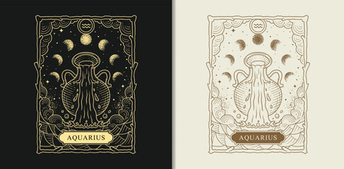 Aquarius Zodiac Symbol for Tarot and Astrology, Hand-Drawn Engraving in Luxury Boho Style © ekosuwandono