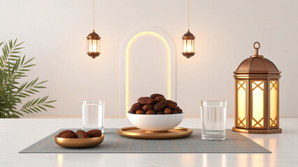 Ramadan kareem concept with dates and water set on a table with traditional lanterns