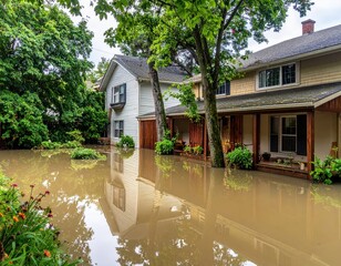 Flooded residential area with standing water around houses and gardens