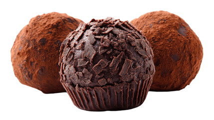 Beautiful dark chocolate truffles coated in cocoa powder and adorned with chocolate shards artfully arranged on transparent background for decorative purposes