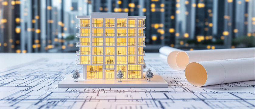 Modern architectural model on blueprints with rolled plans and city background, representing real estate development, urban planning, engineering, and future construction design concepts for business