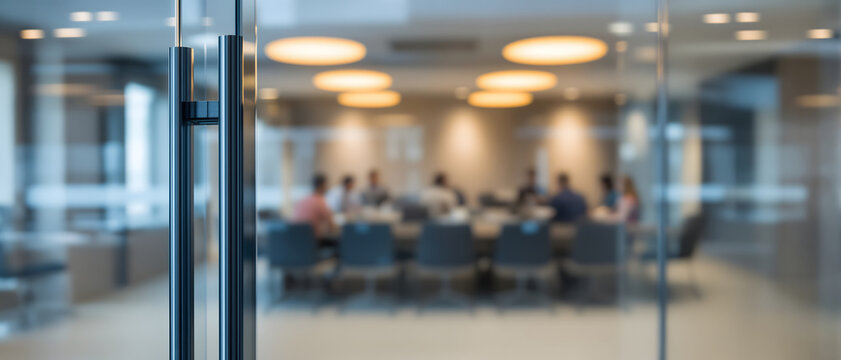 Modern office conference room background with blurred business people working together at table behind glass partition wall, close up focus on metallic door handle entering boardroom.