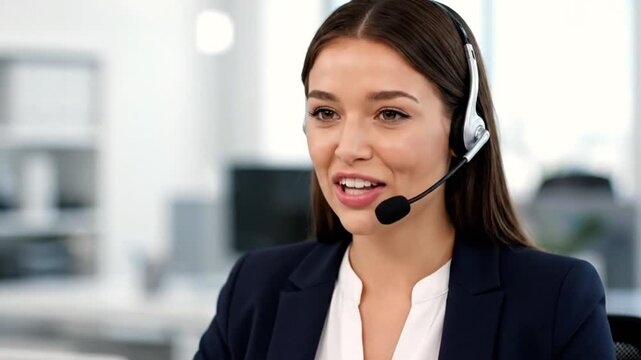 A smiling young woman wearing a headset works as a customer service representative in an office.