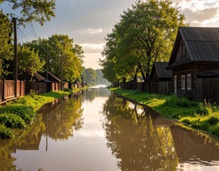 Obraz premium Tranquil Village Scene with Flooded Waterway and Reflection at Dawn