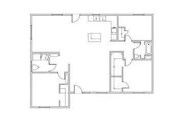 Minimalist architectural blueprint of a two-bedroom apartment layout