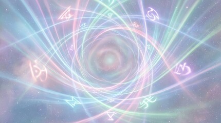 Naklejka premium Abstract heavenly background with light from heaven concept. Abstract cosmic swirl with zodiac symbols and ethereal colors.