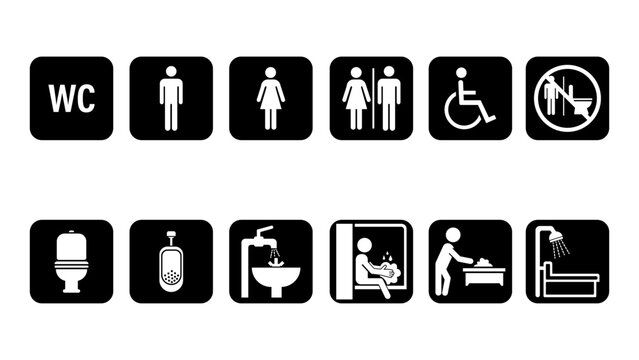 Set of white bathroom and toilet icons on a black background