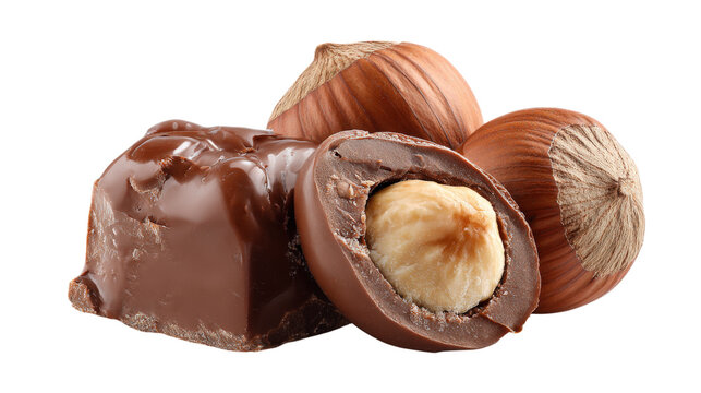 Delicious chocolate bar with whole hazelnuts and fresh green leaf, rich sweet snack, healthy ingredient, natural confection, crunchy bite, isolated on transparent background, studio photography