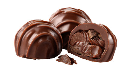 Obraz premium Delicious chocolate candies, one cut open revealing rich gooey filling and chunks, other whole, small pieces scattered on transparent background