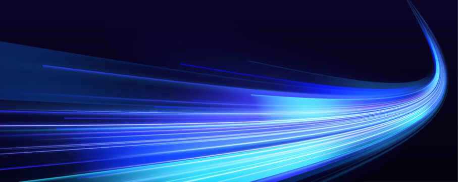 Electric blue speed corridor with flowing neon trails, dynamic motion lines and vibrant urban futuristic energy vector
