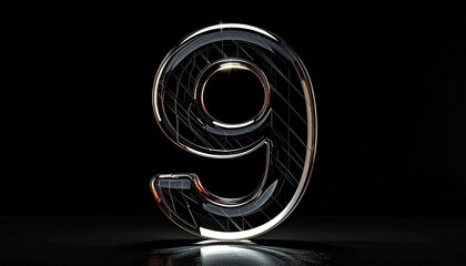 Number 9 in solid glass, black surface, bold highlights, and fine diagonal line pattern.